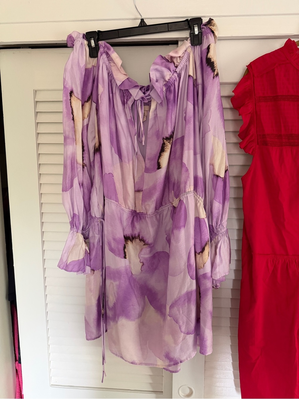 H&M Lavender and Cream Watercolor Floral Long Sleeve off the shoulder Tie Dress